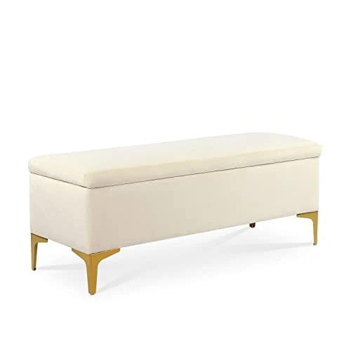 INTENSEDECO Banquette Coffre Chloé Velours Beige Pieds Or