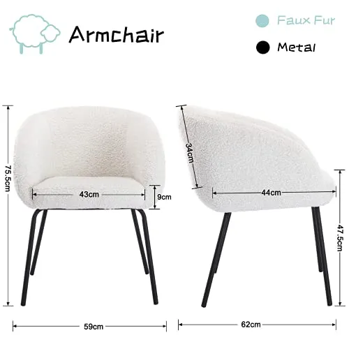Wahson Fauteuil à Manger Chaise de Salle à Manger Chaise de Loisirs Chaise en Velours pour Chambre à Coucher/Coiffeur (Blanc-Fausse Fourrure)