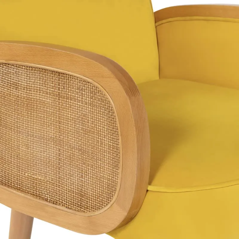 IDMarket - Fauteuil Elina en Velours Jaune et cannage