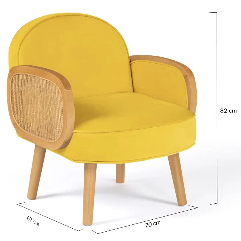 IDMarket - Fauteuil Elina en Velours Jaune et cannage