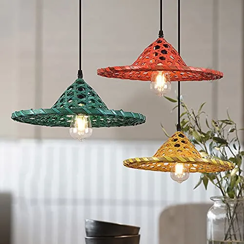 Lampe à Suspension de Style Chinois Chapeau de Paille Rouge Abat-Jour Lampe à Suspension en Bambou Tissage en Osier E27 Lustre Tissé à La Main Lampe Suspendue Au Plafond avec Cordon Réglable pour Sall