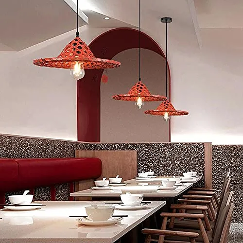 Lampe à Suspension de Style Chinois Chapeau de Paille Rouge Abat-Jour Lampe à Suspension en Bambou Tissage en Osier E27 Lustre Tissé à La Main Lampe Suspendue Au Plafond avec Cordon Réglable pour Sall