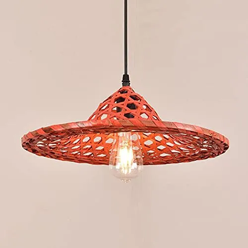 Lampe à Suspension de Style Chinois Chapeau de Paille Rouge Abat-Jour Lampe à Suspension en Bambou Tissage en Osier E27 Lustre Tissé à La Main Lampe Suspendue Au Plafond avec Cordon Réglable pour Sall