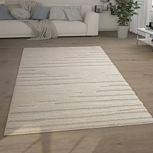 Paco Home Tapis Poils Longs Tapis De Salon Tapis Shaggy Aspect 3D Ethnique Boho Look Vintage Doux, Dimension:160x220 cm, Couleur:Crème 2