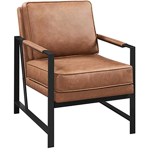 Yaheetech Fauteuil de Salon Confortable Cadre Métal Fauteuil de Chaise pour Salon Chambre Salle de Séjour Bureau Intérieur Marron Clair