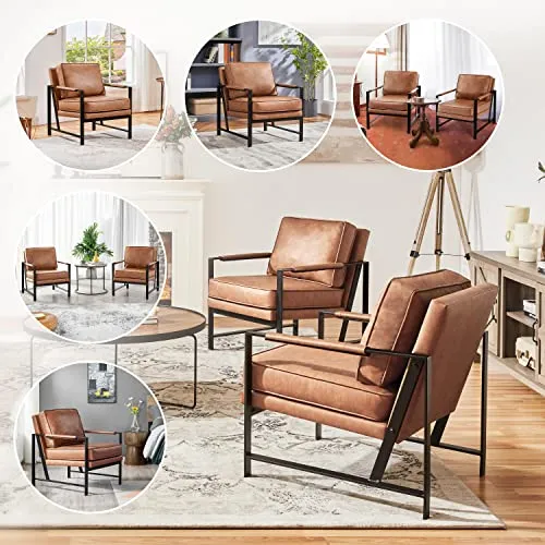 Yaheetech Fauteuil de Salon Confortable Cadre Métal Fauteuil de Chaise pour Salon Chambre Salle de Séjour Bureau Intérieur Marron Clair