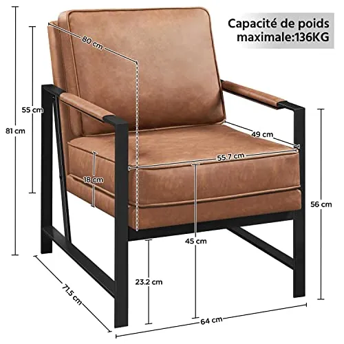 Yaheetech Fauteuil de Salon Confortable Cadre Métal Fauteuil de Chaise pour Salon Chambre Salle de Séjour Bureau Intérieur Marron Clair