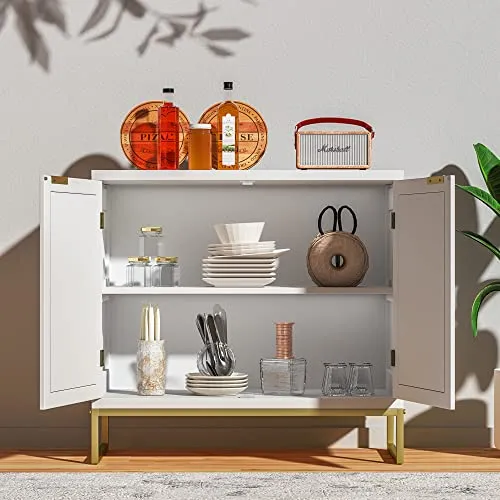 Anmytek Meuble de rangement, buffet, armoire de bar, 2 portes, meuble de cuisine, buffet avec rotin naturel, blanc, H0013