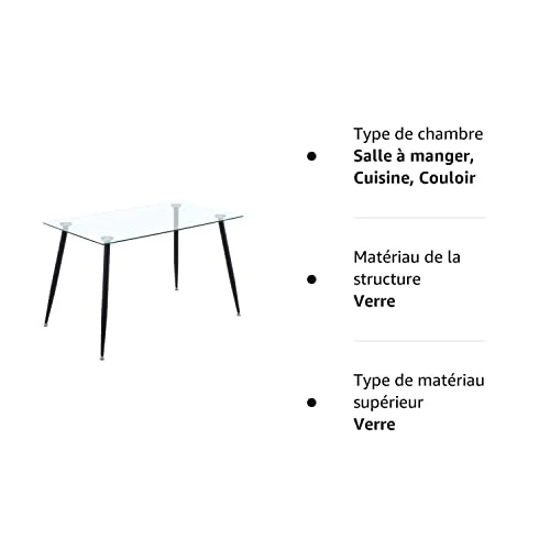 GOLDFAN Table à Manger en Verre Table Rectangulaire en Verre Table Cuisine Salon Tables de Salle à Manger avec Pieds en Métal, Noir
