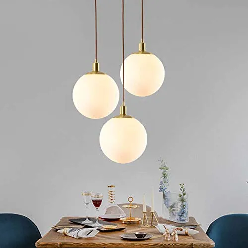 Minimaliste Luminaire Suspension Avec Boule de Verre Blanche Abat jour,Groupe de Lampes Suspendues Modernes à 3 Lumières,Plafonnier Pour Cuisine Salon Cuisine