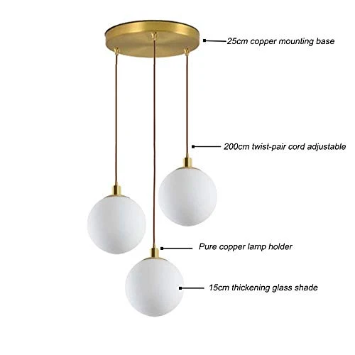 Minimaliste Luminaire Suspension Avec Boule de Verre Blanche Abat jour,Groupe de Lampes Suspendues Modernes à 3 Lumières,Plafonnier Pour Cuisine Salon Cuisine
