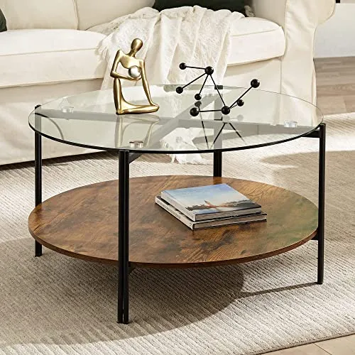 SICOTAS Table Basse Ronde Table Basse de Salon en Verre avec 2 Étagères, Structure en Métal, Design Industriel,Table en Verre pour Salon, Balcon, Bureau, 80 x 80 x 45 cm