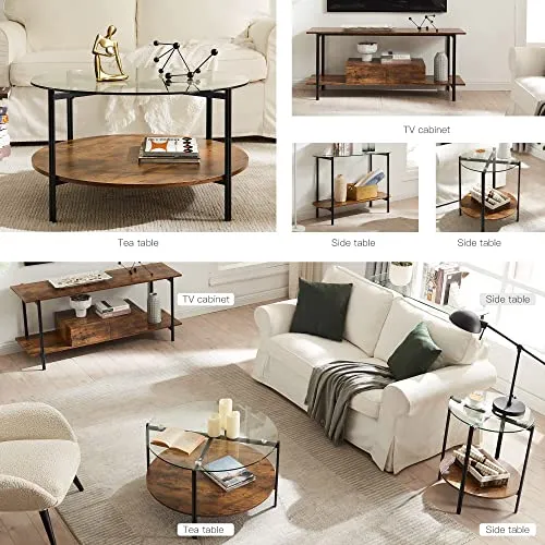 SICOTAS Table Basse Ronde Table Basse de Salon en Verre avec 2 Étagères, Structure en Métal, Design Industriel,Table en Verre pour Salon, Balcon, Bureau, 80 x 80 x 45 cm