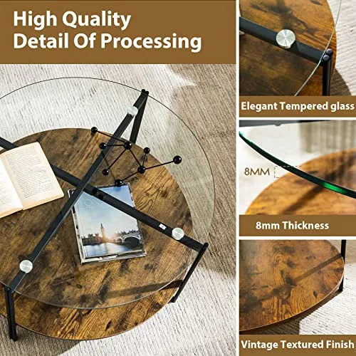 SICOTAS Table Basse Ronde Table Basse de Salon en Verre avec 2 Étagères, Structure en Métal, Design Industriel,Table en Verre pour Salon, Balcon, Bureau, 80 x 80 x 45 cm