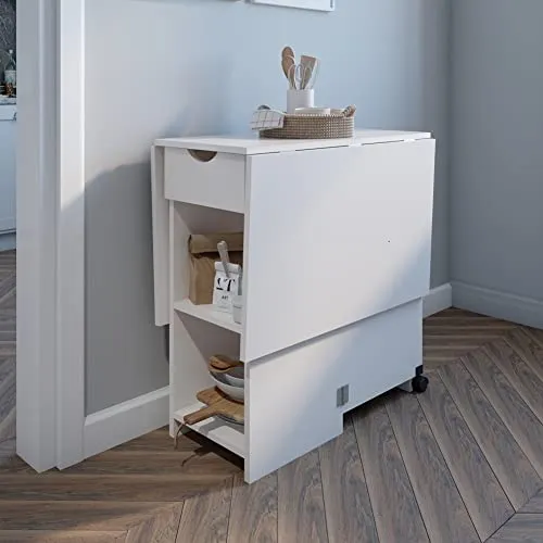 Meerveil Table à Manger Pliable, Table de Cuisine pour Petits Espaces avec 1 Tiroir et 2 Etagères de Rangement, pour Salle à Manger Cuisine, 72 x 120 x 75 cm, Blanc