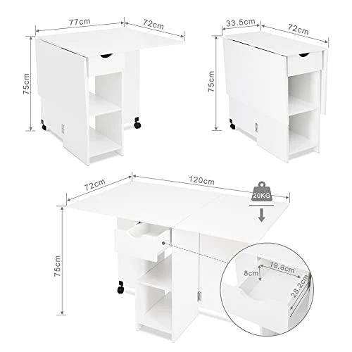 Meerveil Table à Manger Pliable, Table de Cuisine pour Petits Espaces avec 1 Tiroir et 2 Etagères de Rangement, pour Salle à Manger Cuisine, 72 x 120 x 75 cm, Blanc