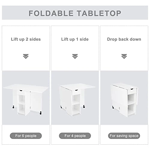 Meerveil Table à Manger Pliable, Table de Cuisine pour Petits Espaces avec 1 Tiroir et 2 Etagères de Rangement, pour Salle à Manger Cuisine, 72 x 120 x 75 cm, Blanc