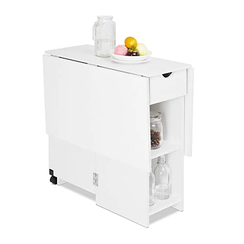 Meerveil Table à Manger Pliable, Table de Cuisine pour Petits Espaces avec 1 Tiroir et 2 Etagères de Rangement, pour Salle à Manger Cuisine, 72 x 120 x 75 cm, Blanc