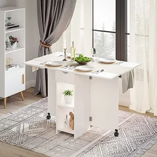 Meerveil Table à Manger Pliable, Table de Cuisine pour Petits Espaces avec 1 Tiroir et 2 Etagères de Rangement, pour Salle à Manger Cuisine, 72 x 120 x 75 cm, Blanc