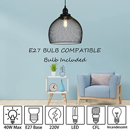 RWNTAOZM Hanging Cage Pendant Light - Φ28CM (11in), E27 40W, Noir Métal Mesh Suspension Luminaire en maille métallique plafonnier pour Restaurant Salon Chambre Cuisine Bar