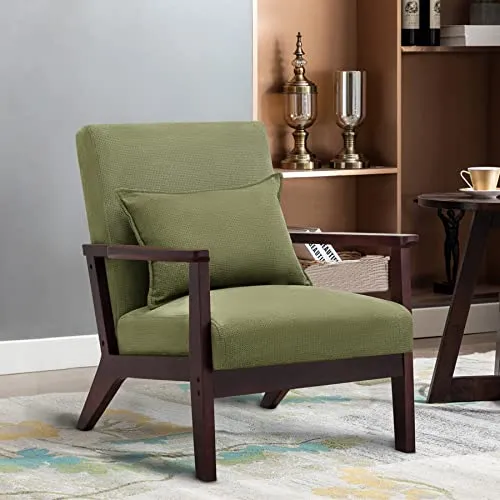 HomeMiYN Fauteuil Vintage en Bois Massif Fauteuil Salon en Imitation Lin et en Cuir PU avec Oreiller Lombaire, Dossier Ergonomique, Fauteuil d'appoint pour Salon, Chambre, Bureau, Balcon (Vert foncé)