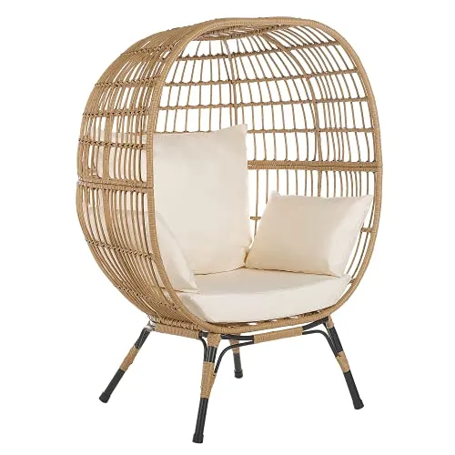 Beliani - Fauteuil Cocon - Veroli - en Rotin PE et Acier, Naturel, Coussins Beiges