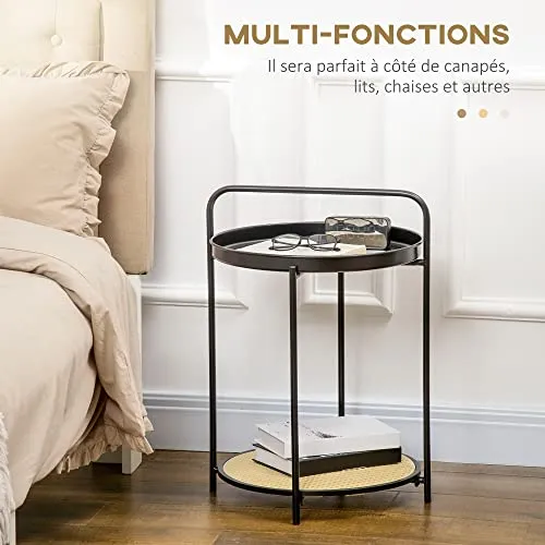 HOMCOM Table d'appoint Ronde Bout de canapé avec Plateaux Amovibles en métal et Effet cannage avec poignée - dim. 43,5L x 42,5l x 60H cm