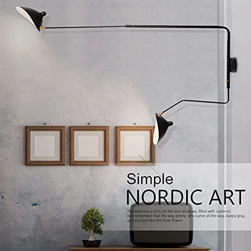Applique Murale Industrielle Vintage 2 Flammes Lampe Murale Réglable et Extensible Bras Long Pivotant Lampe de Chevet Douille E27 Abat-jour en Métal Noir Éclairage Mural Réglable à 360°, 150 x 95 cm