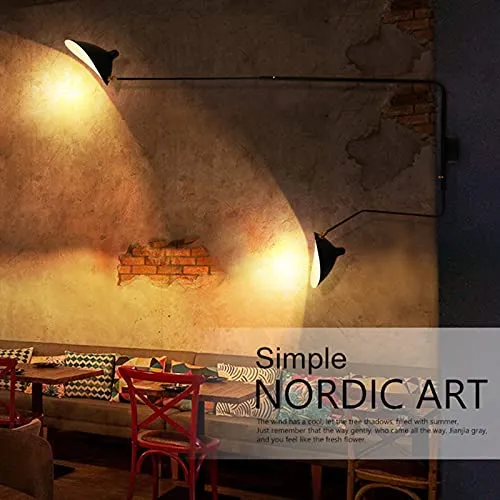 Applique Murale Industrielle Vintage 2 Flammes Lampe Murale Réglable et Extensible Bras Long Pivotant Lampe de Chevet Douille E27 Abat-jour en Métal Noir Éclairage Mural Réglable à 360°, 150 x 95 cm