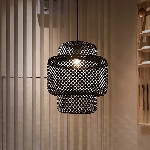 BUGUSX Suspension en Bambou Naturel et rotin Lustre en Bambou tissé Noir Abat-Jour en rotin en Osier Lampe à Tisser Lanterne Suspension Lampe Cuisine Île Éclairage Chambre Restaurant Décoration Lampe