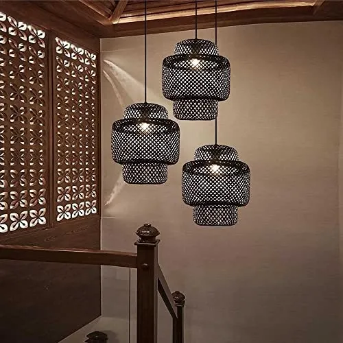 BUGUSX Suspension en Bambou Naturel et rotin Lustre en Bambou tissé Noir Abat-Jour en rotin en Osier Lampe à Tisser Lanterne Suspension Lampe Cuisine Île Éclairage Chambre Restaurant Décoration Lampe