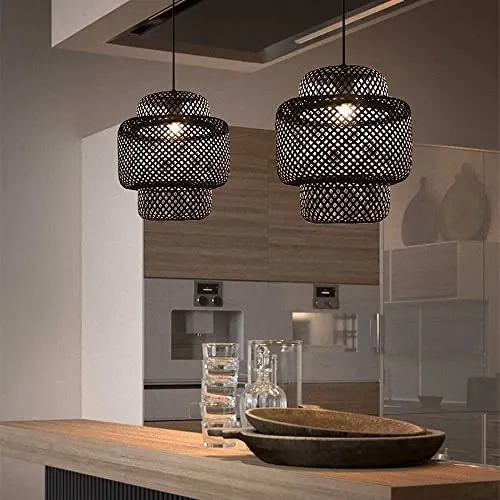 BUGUSX Suspension en Bambou Naturel et rotin Lustre en Bambou tissé Noir Abat-Jour en rotin en Osier Lampe à Tisser Lanterne Suspension Lampe Cuisine Île Éclairage Chambre Restaurant Décoration Lampe