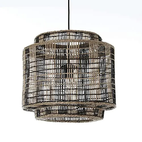 LUSSIOL - Luminaire NAIROBI, suspension rotin naturel et noir, Diam. 40 cm, E27 60W, pour séjour, salon, chambre, hall, hôtel, bar
