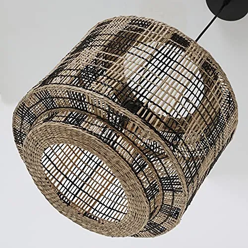 LUSSIOL - Luminaire NAIROBI, suspension rotin naturel et noir, Diam. 40 cm, E27 60W, pour séjour, salon, chambre, hall, hôtel, bar