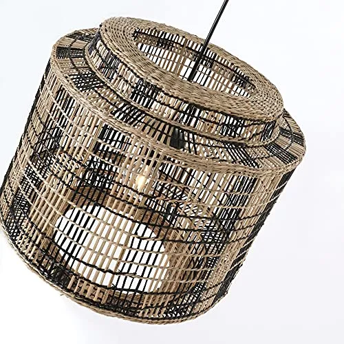 LUSSIOL - Luminaire NAIROBI, suspension rotin naturel et noir, Diam. 40 cm, E27 60W, pour séjour, salon, chambre, hall, hôtel, bar