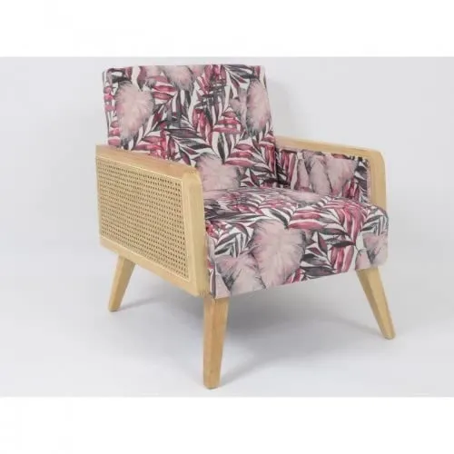 EDELL - Fauteuil Tissu Feuillage Rose et cannage Beige Zeina