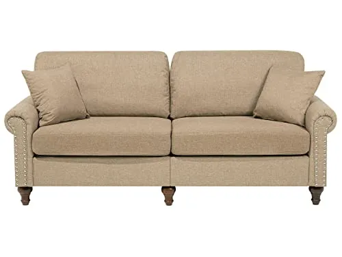 Beliani Canapé Fixe 3 Places Tapissé en Tissu Beige avec Clous Décoratifs pour Salon au Style Moderne