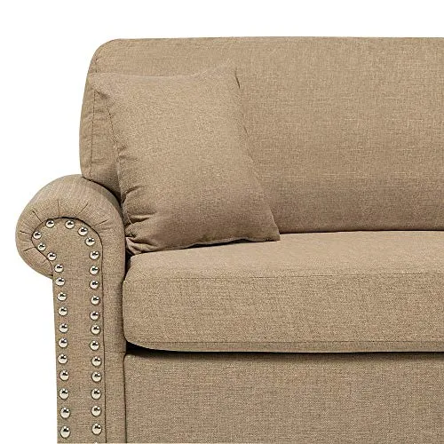 Beliani Canapé Fixe 3 Places Tapissé en Tissu Beige avec Clous Décoratifs pour Salon au Style Moderne