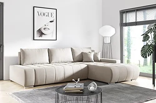 Tendencio Canapé d'angle Convertible MELUTI avec Coffre de Rangement et lit (Beige)