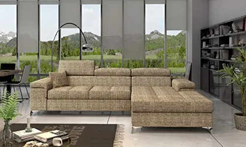 E-MEUBLES Canapé d'angle lit Convertible avec Coffre 4/5 Places - en Tissu -Ronaldo (Beige -Berlin 03, Canapé d'angle Droit)
