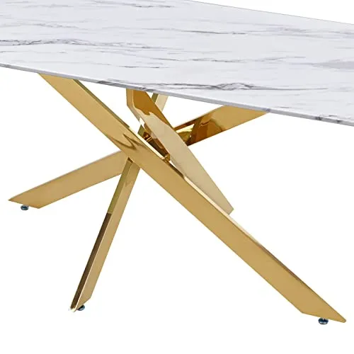 Mobilier-Deco Telma - Table à Manger rectangulaire Design Verre marbré et Pieds dorés