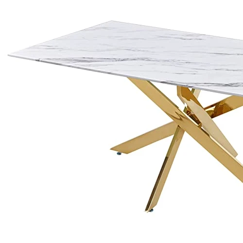 Mobilier-Deco Telma - Table à Manger rectangulaire Design Verre marbré et Pieds dorés