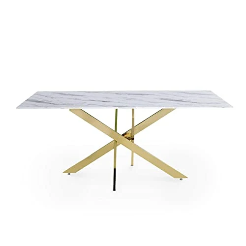 Mobilier-Deco Telma - Table à Manger rectangulaire Design Verre marbré et Pieds dorés
