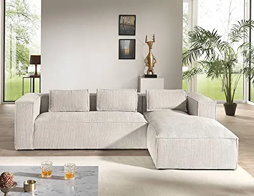 Lisa Design - Canapé d'angle Stella - Canapé 4 Places en Velours Côtelé - Style Contemporain - Fabriqué en Europe - Droit, Beige