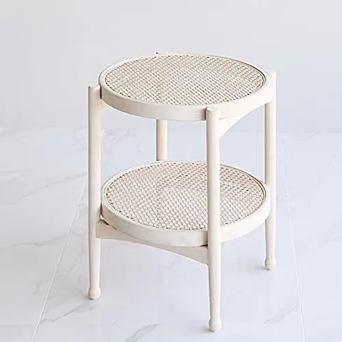 Tables Table d'appoint ronde,Processus de tissage de surface en rotin,Petite table de canapé à 2 niveaux avec rangement,Table de collation Pour le salon, la(Size:18.70 * 18.70 * 21.65in,Color:blanc)