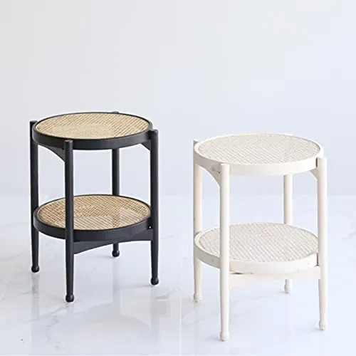 Tables Table d'appoint ronde,Processus de tissage de surface en rotin,Petite table de canapé à 2 niveaux avec rangement,Table de collation Pour le salon, la(Size:18.70 * 18.70 * 21.65in,Color:blanc)
