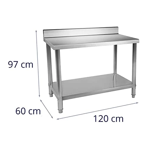 Royal Catering Table De Travail Adossée Cuisine Professionnel Préparation Confection Boucher Avec Tablette RCAT-120/60-N (120x60cm, Capacité 110 kg, Plan 80 kg + Étagère 30 kg, Dosseret 11 cm, Inox)