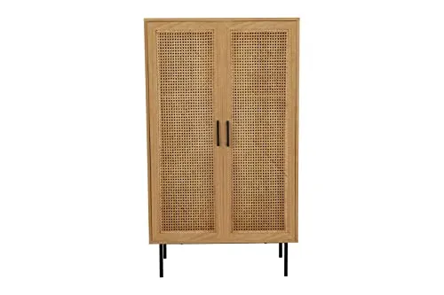 Moebilia Highboard, MDF avec placage Paulownia, rotin Avant, métal revêtu par pulvérisation, Naturel, Pieds Noirs, Normal