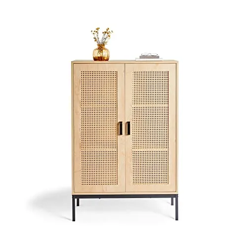 VonHaus Buffet Haut en rotin – 2 Portes, 3 tiroirs avec poignées en métal Noir – Bibliothèque, étagère en Vinyle, Armoire à Boissons, Meuble de Rangement pour Chaussures – Chambre à Coucher, Salon