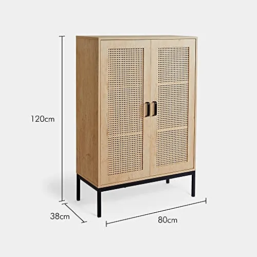 VonHaus Buffet Haut en rotin – 2 Portes, 3 tiroirs avec poignées en métal Noir – Bibliothèque, étagère en Vinyle, Armoire à Boissons, Meuble de Rangement pour Chaussures – Chambre à Coucher, Salon